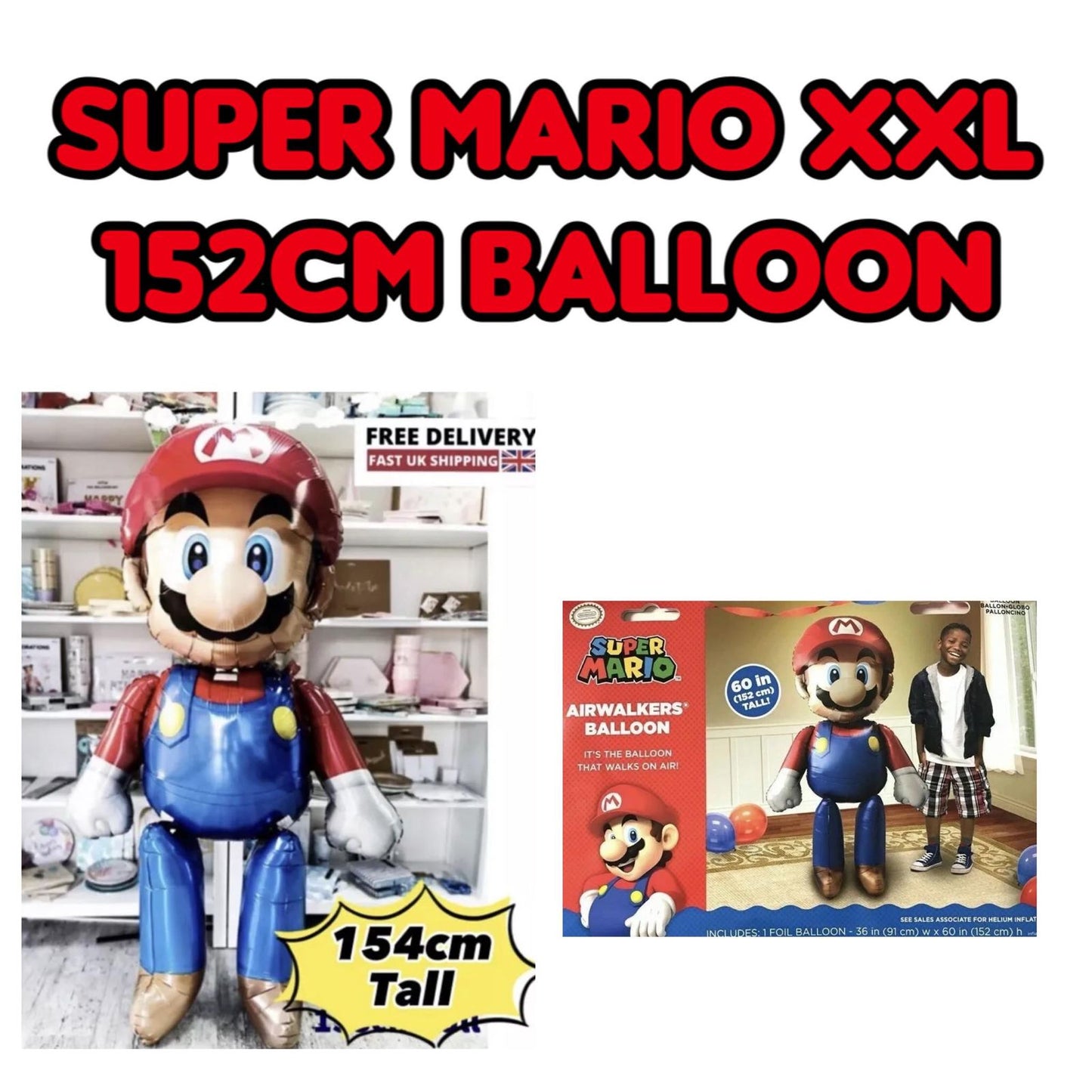 Super Mario Airwalker 3D Foil Jumbo Balloon | 60" Tall | Birthday | Party